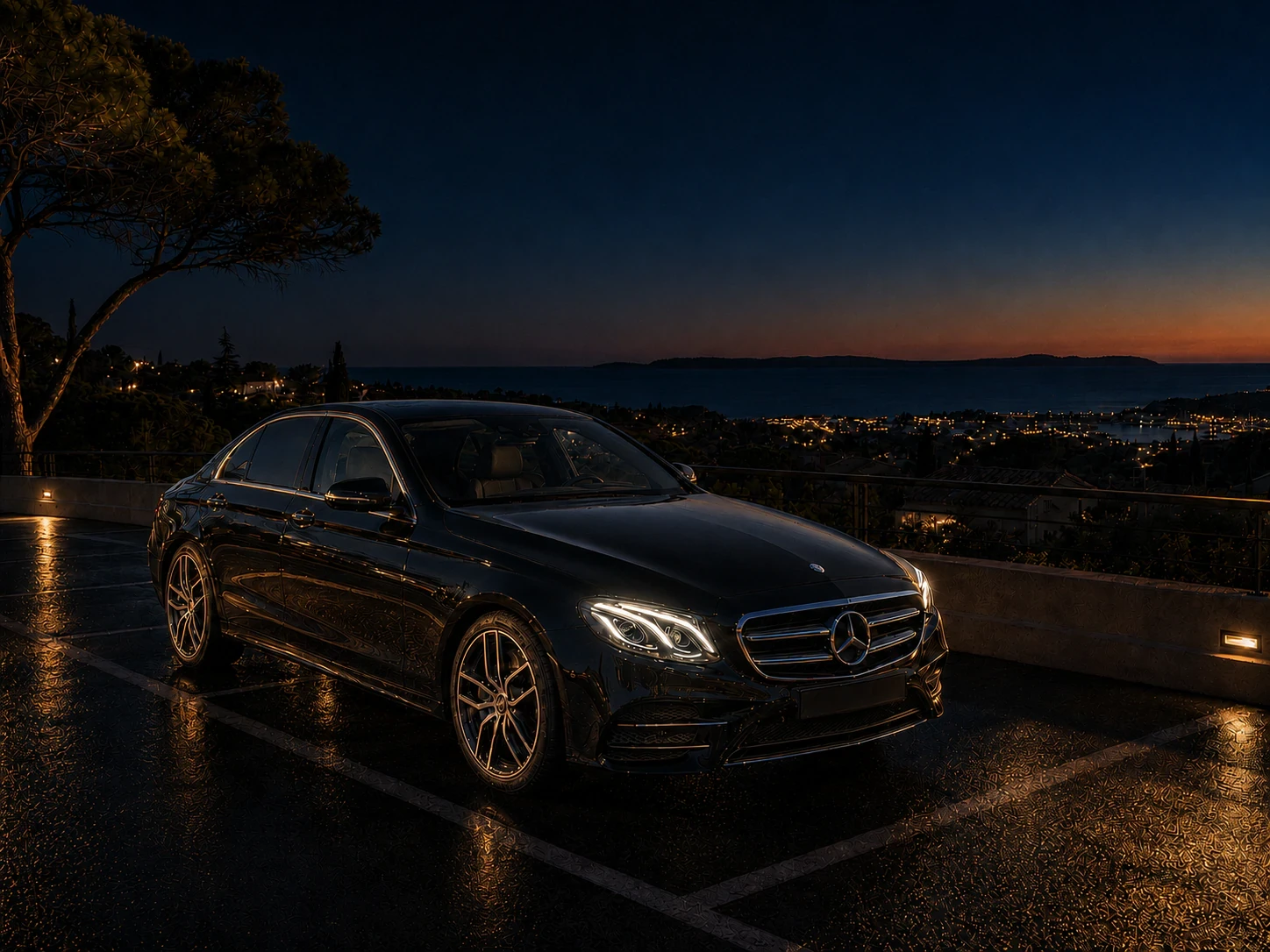 Mercedes Classe E noire éclairée de nuit à Bormes-les-Mimosas