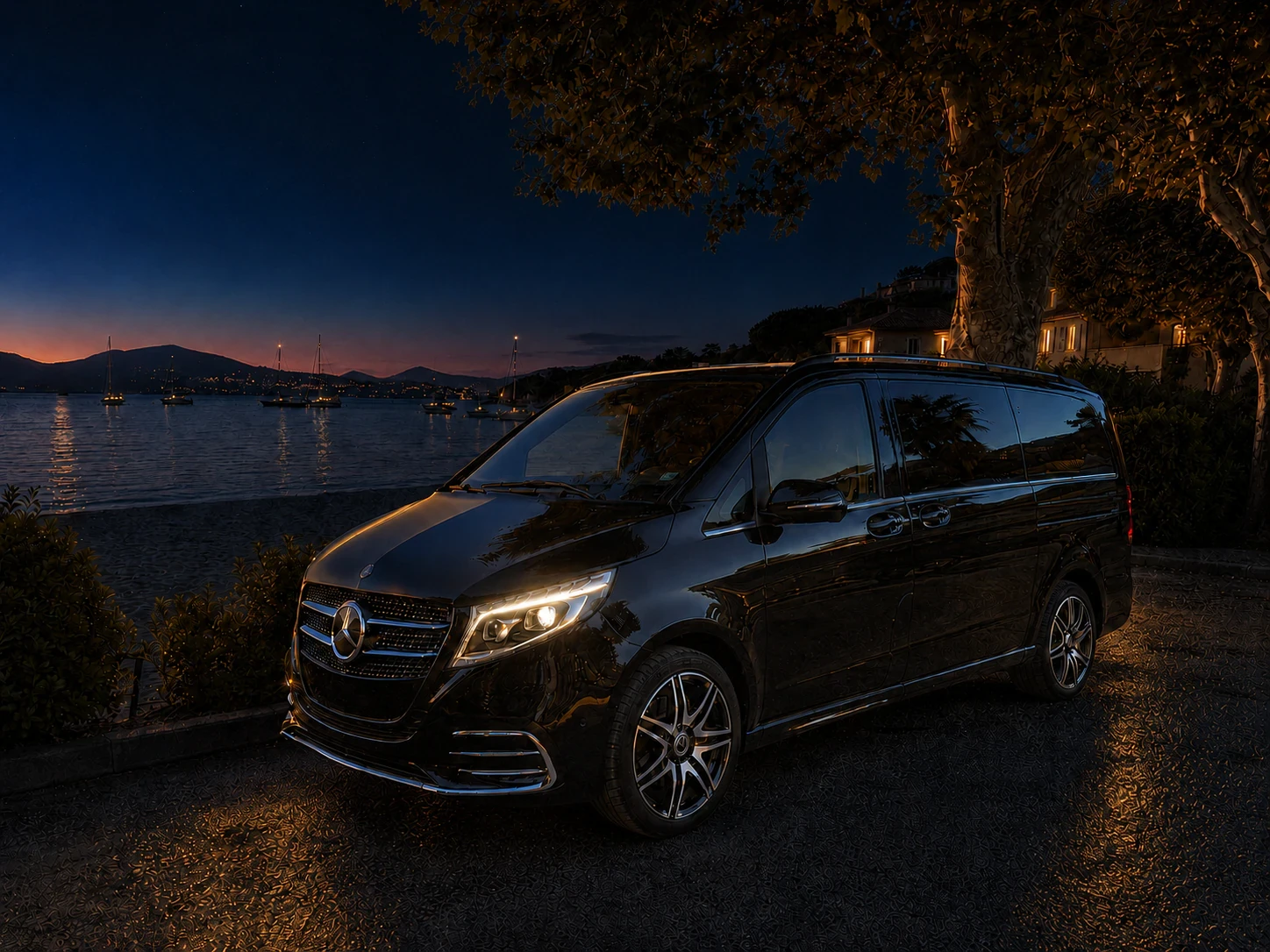 Mercedes Classe V noire éclairée de nuit à Saint-Tropez