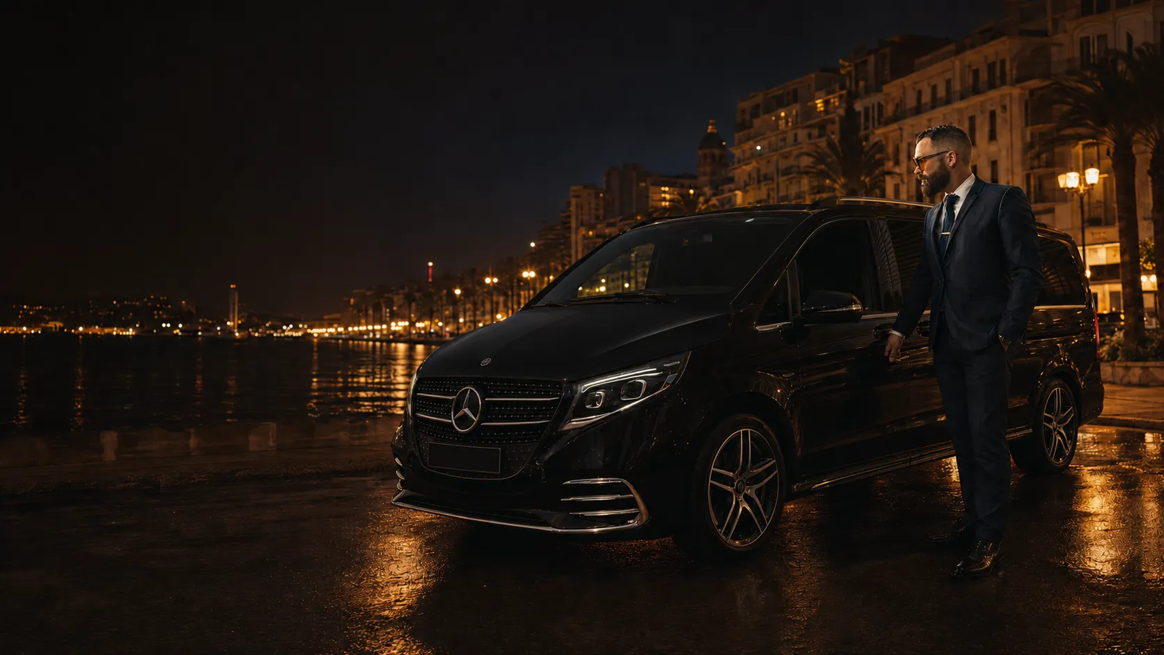 Le chauffeur Peaky Driver près d'un véhicule noir dans une ambiance nocturne